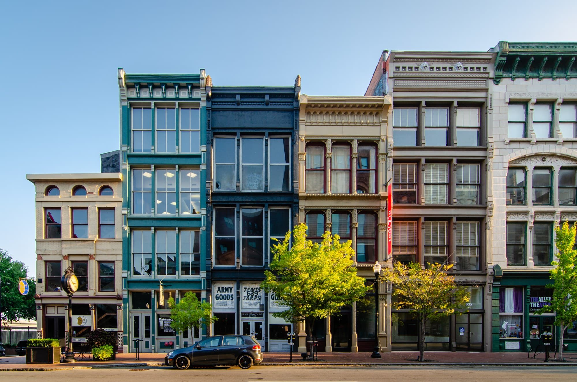 Colorful historic buildings on Louisville's Main Street