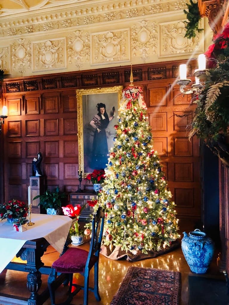 Christmas tree beside a family portrait in a wood-paneled room at Biltmore House