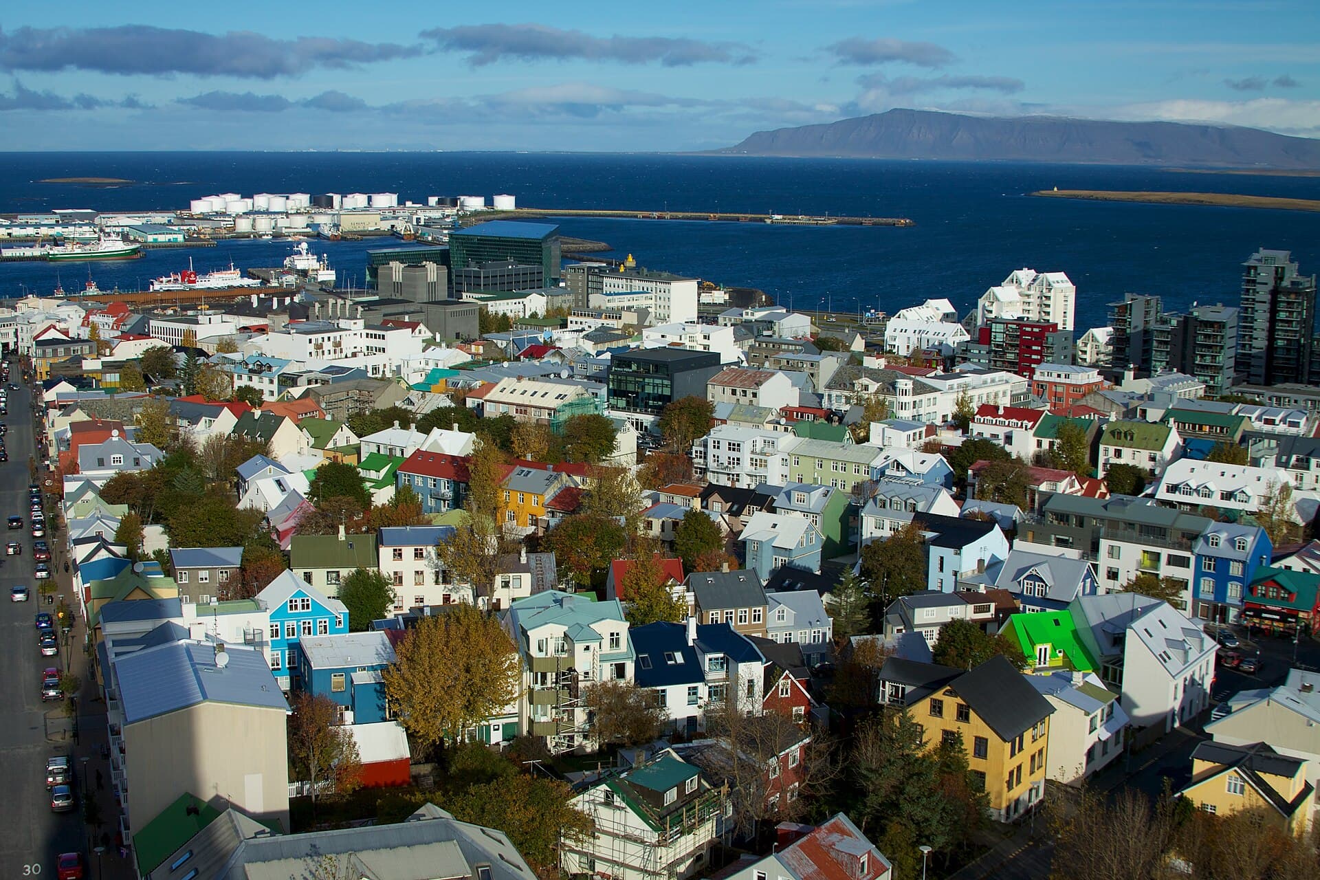 Colorful rooftops of downtown Reykjavik and the old harbour seen from Hallgrímskirkja tower