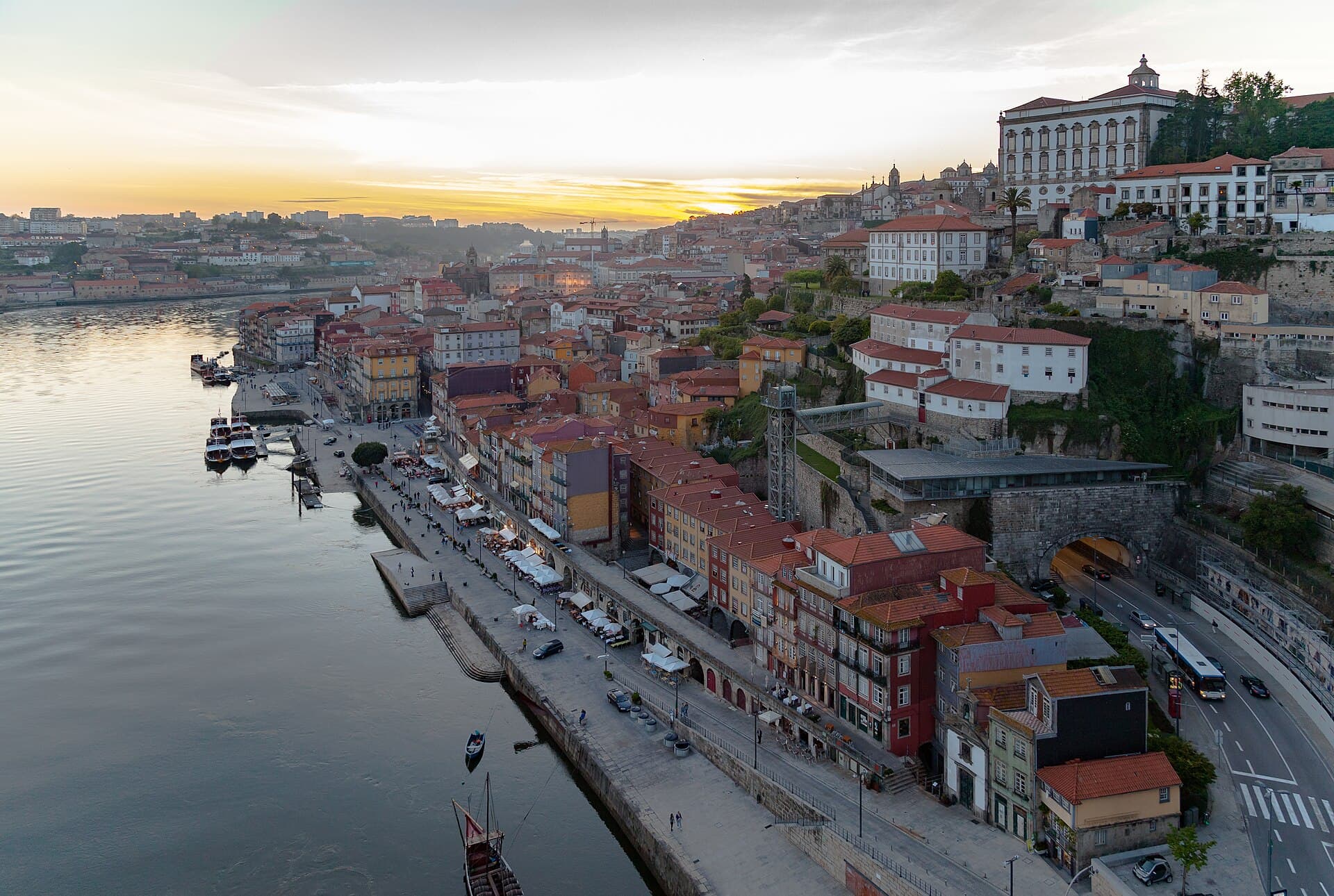 Porto's Ribeira waterfront along the Douro River at dusk